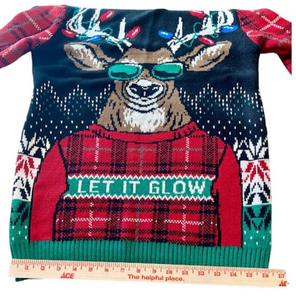 Ugly Christmas Sweater Reindeer Glasses Lights Plaid Men's Size Medium - Picture 9 of 14